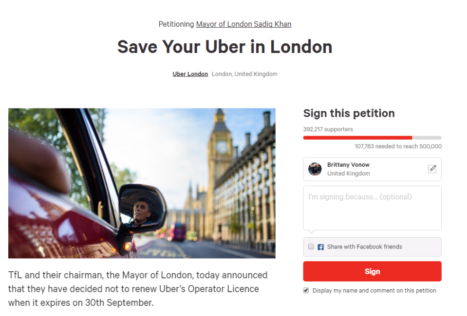  A petition to save Uber has received thousands of signatures