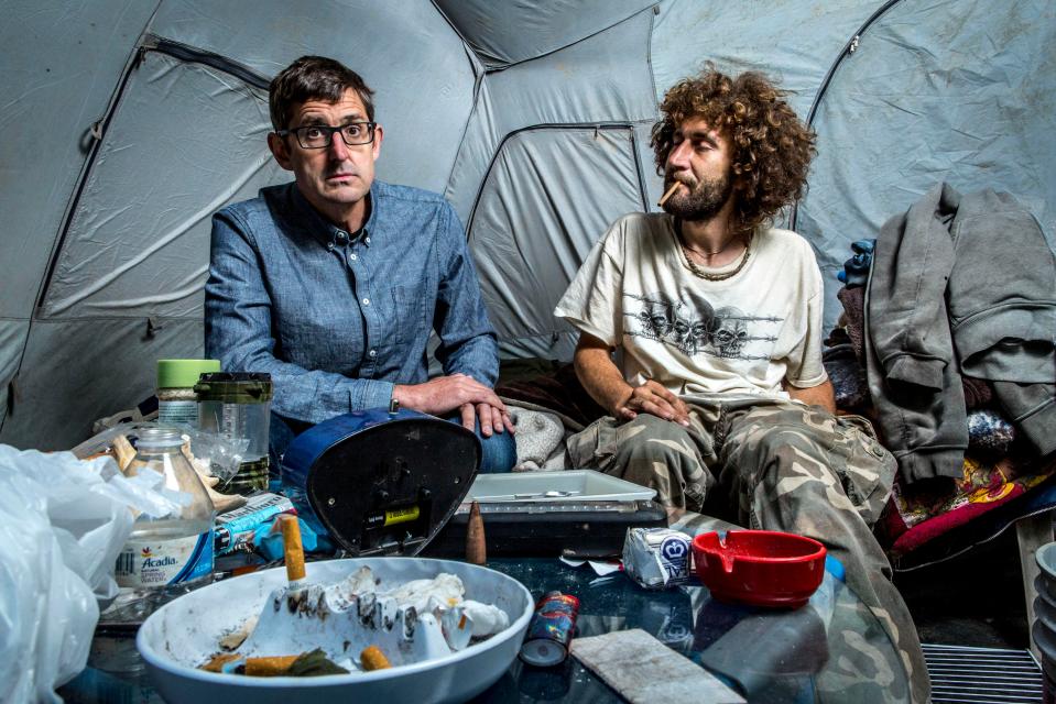  Louis Theroux: Dark States - Heroin Town: Tent-dwelling addict Nate (right) reveals the effects of his life choices to Louis (left)