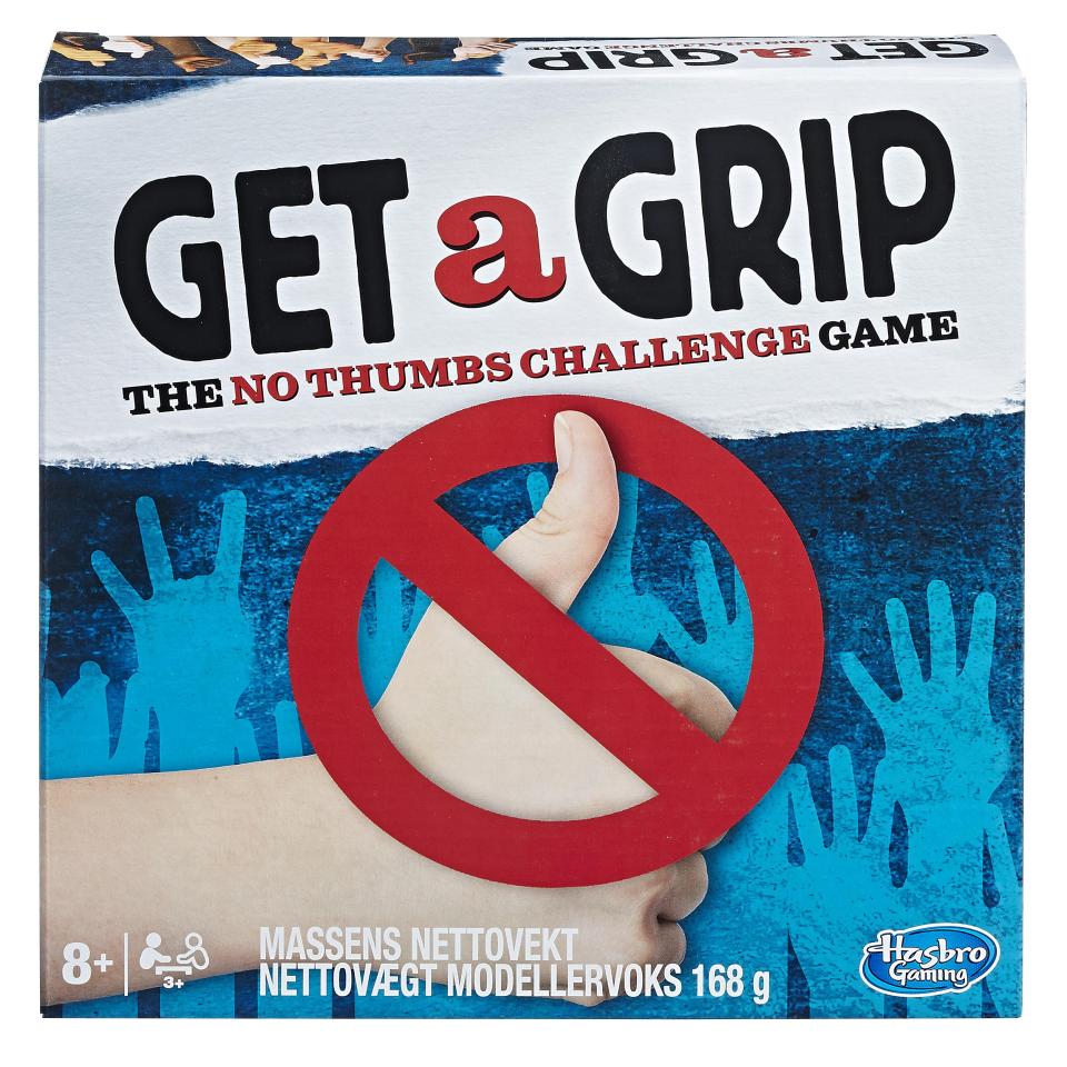  The Get a Grip game is Hasbro's twist on the ""no thumbs challenge"" in which players compete head-to-head in challenges without using their thumbs