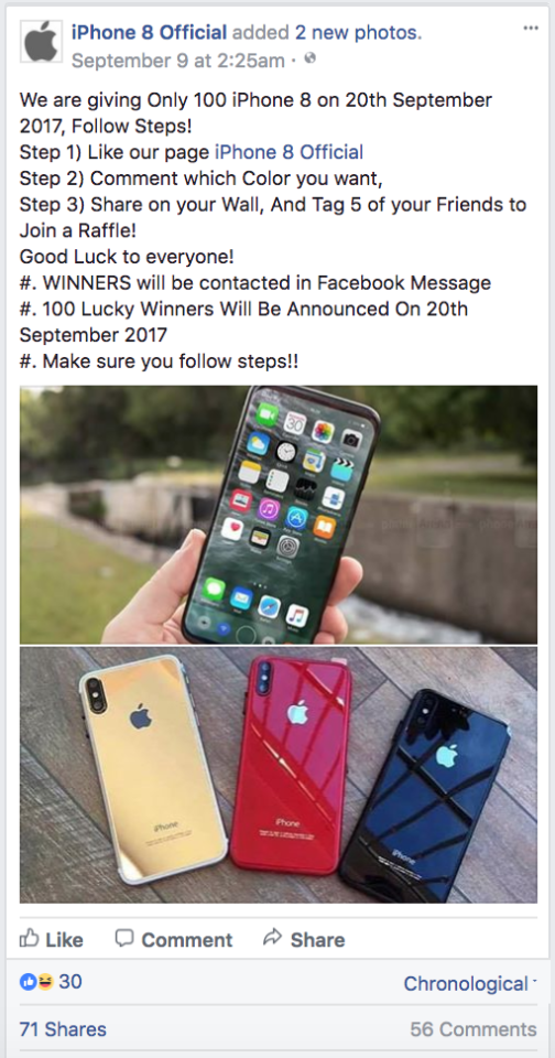  This Facebook post claims to be giving away an iPhone 8