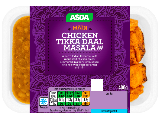  Asdas twist on the classic Tikka Masala comes with dhal rather than rice