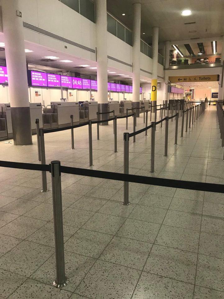  Check-in desks at Gatwick were deserted this morning