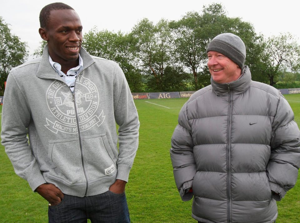 Bolt has made no secret of his love for Manchester United and is pictured here visiting the club's Carrington training ground while Fergie was in charge