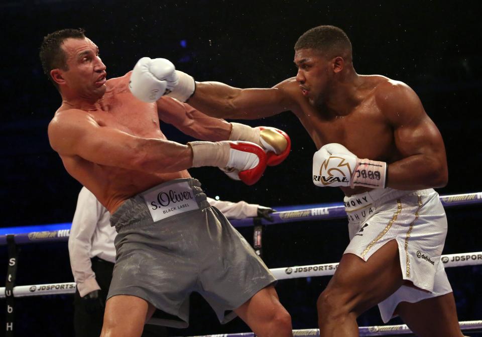  Anthony on the way to taking the WBA title off Ukraine’s Wladimir Klitschko at Wembley in April