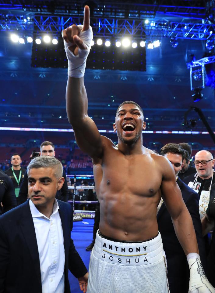  Anthony celebrates with Mayor of London, Sadiq Khan after beating Wladimir Klitschko in the World Title bout at Wembley Stadium