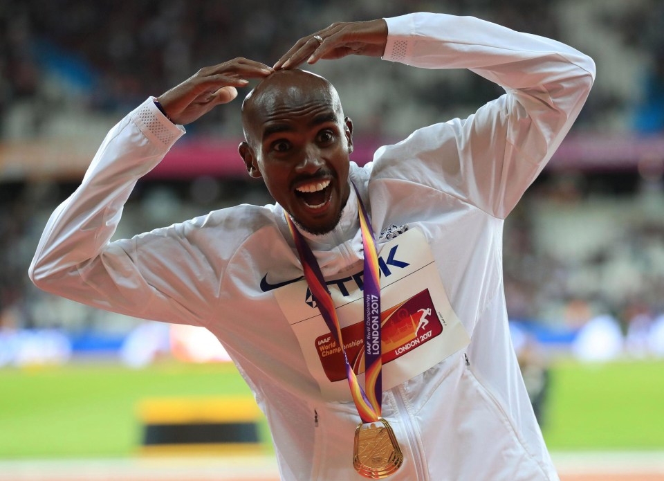 Mo Farah celebrates with his trademark 'mobot' after winning gold in the men's 10,000m final at the London stadium in August