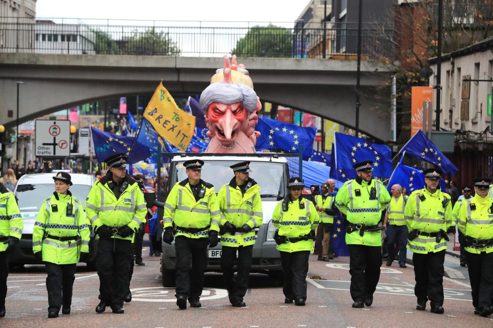  Effigy of Theresa May is guided through the city on Sunday