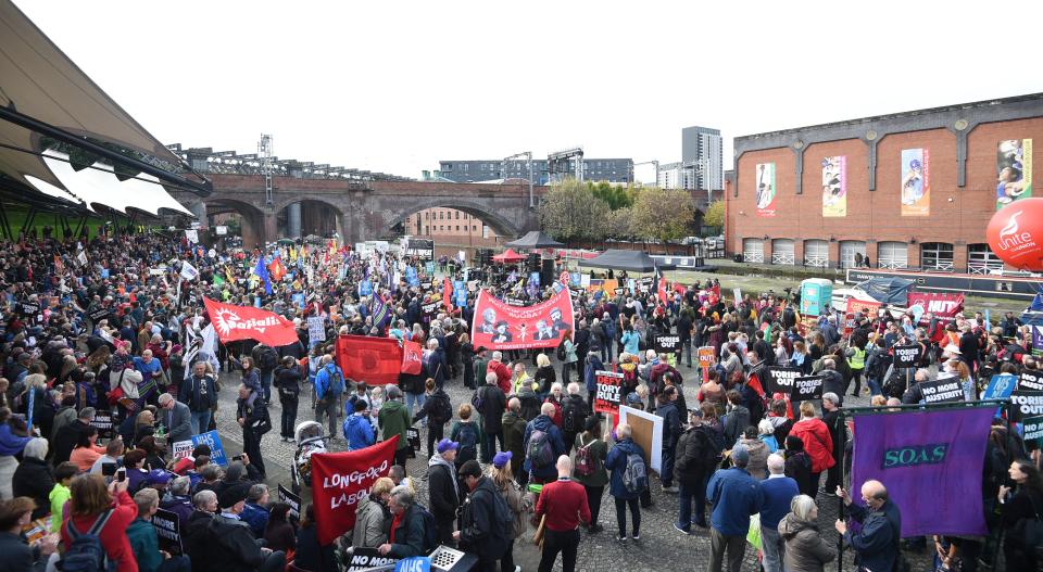  Thousands gathered near the Manchester venue of the Tory Party conference