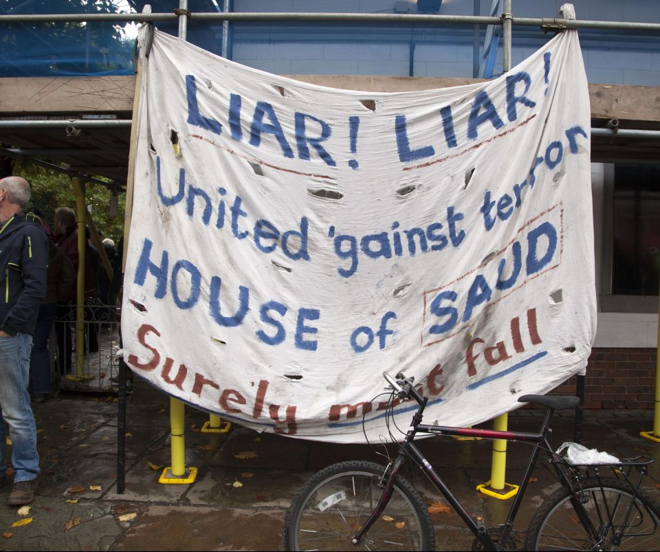  An anti-Saudi banner was erected on the route of the march