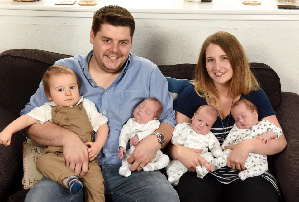 Charlotte and Billy Parker with their children, Lewis, aged 1, Ella, Adam and Jamie all born in July