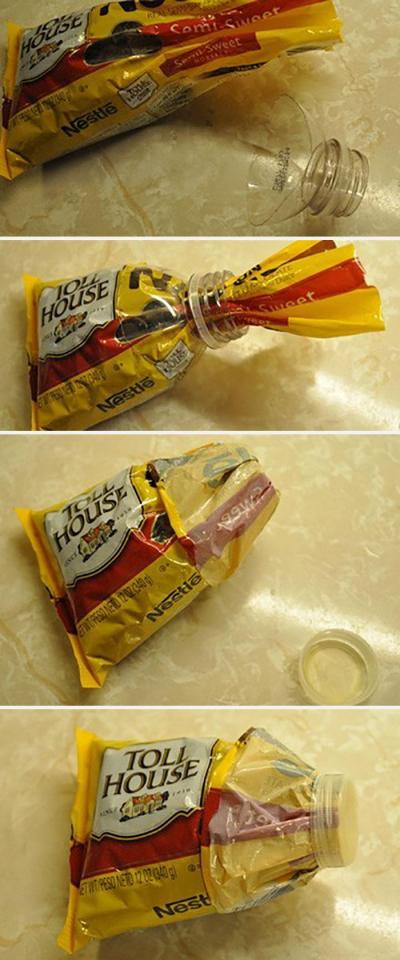  Instead of throwing away empty bottles, cut them up to use as stoppers for open packages in your home