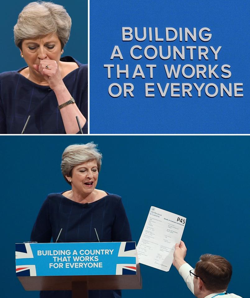  The plot comes after a gaffe-filled speech where she was handed a P45 by a prankster, had a coughing fir, and then the set fell apart