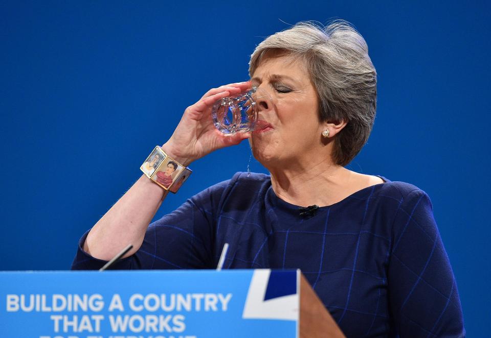  The Prime Minister struggled through her speech due to a sore throat