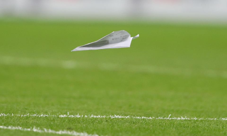 Some fans threw paper airplanes onto the pitch at Wembley