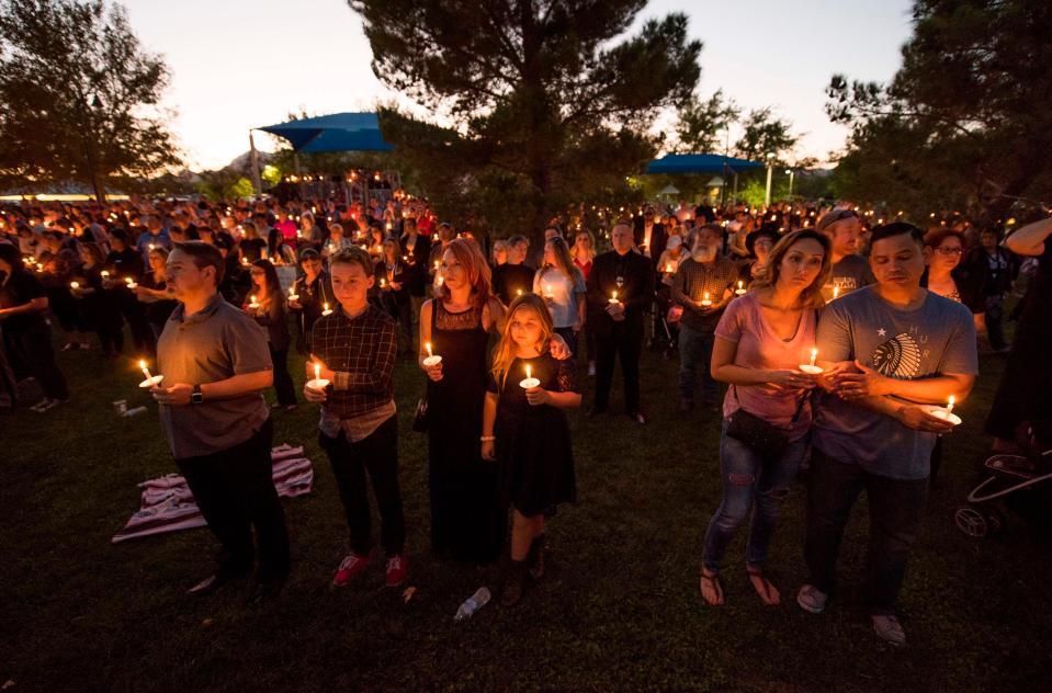  A candlelight memorial for Las Vegas Metropolitan Police Department Officer Charleston Hartfield at Police Memorial Park in Las Vegas, Nevada