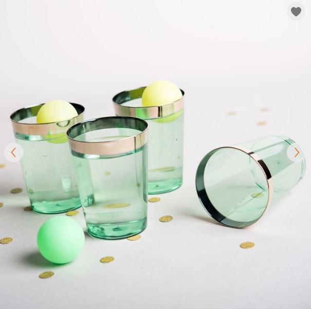 The gold-rimmed glasses, which are a twist on the American classic ‘Beer Pong’