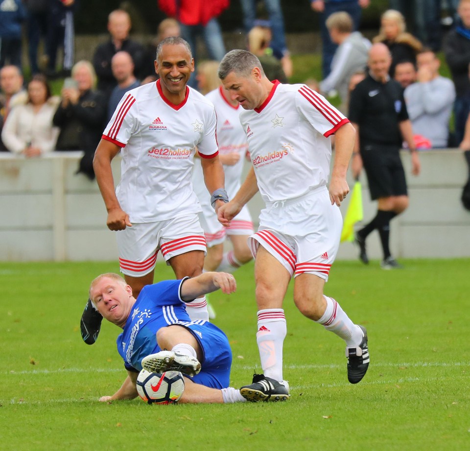 The 42-year-old put in a crunching sliding challenge on former team-mate Denis Irwin