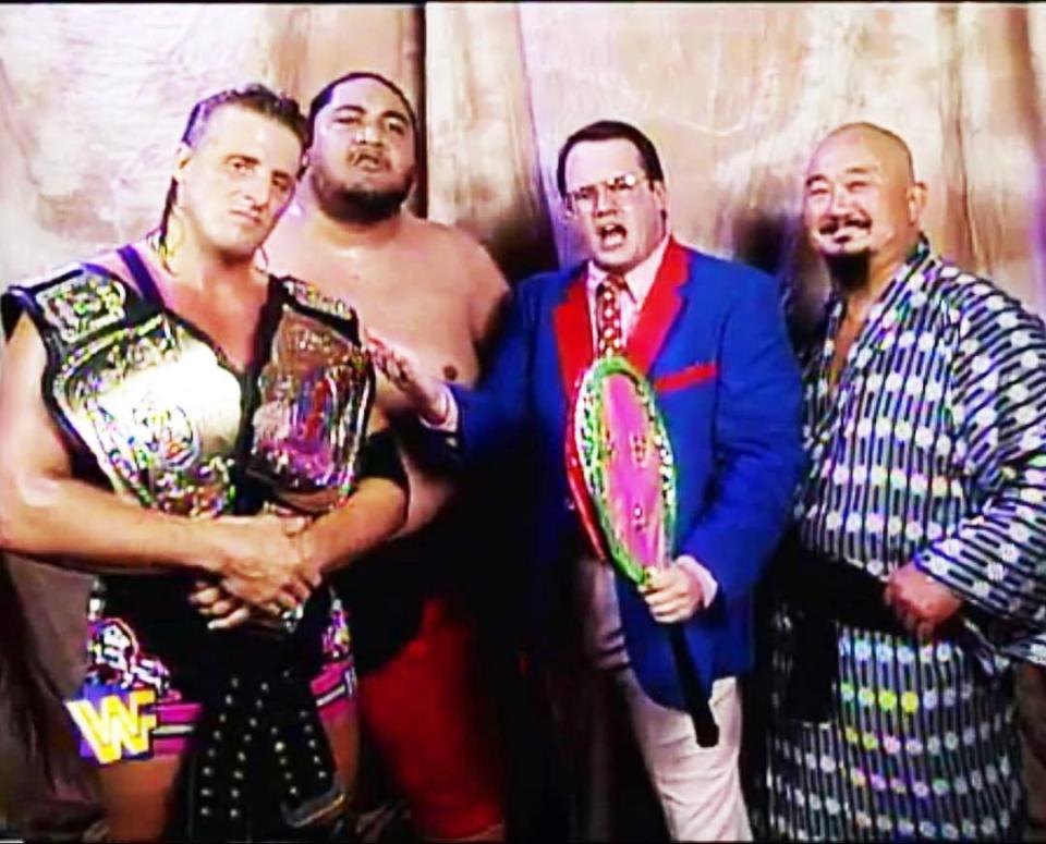  WWE legend Jim Cornette with Owen Hart, Yokozuna and Mr Fuji