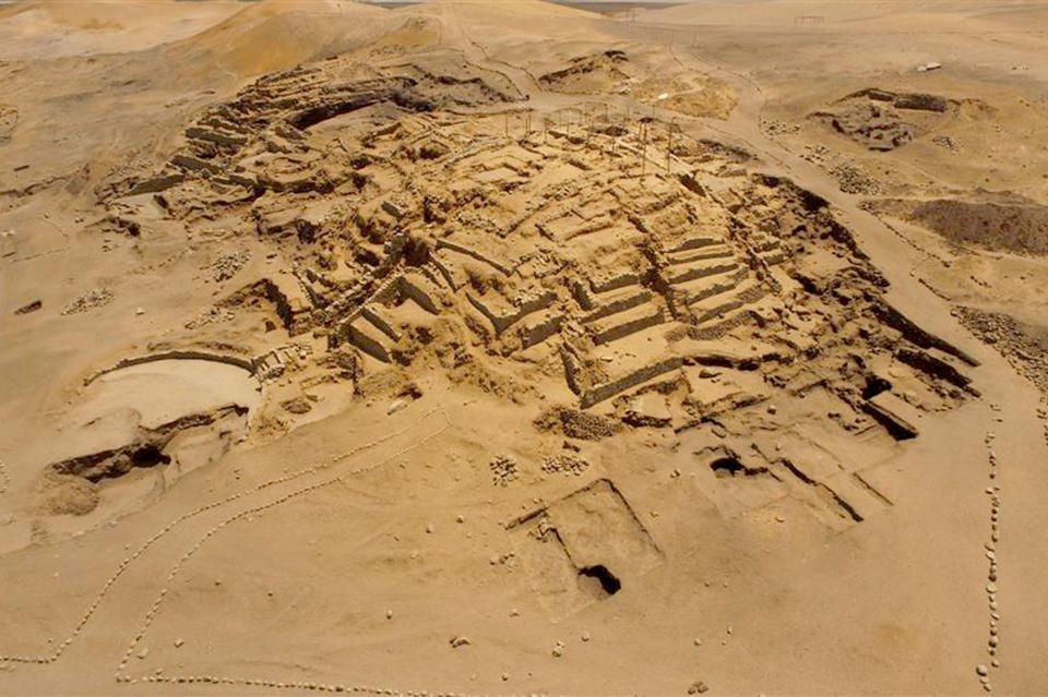 Aerial view of the Aspero ruins in Peru.