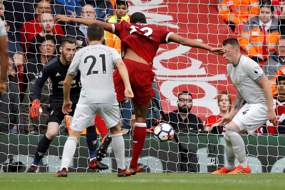  Joel Matip thinks he has scored for Liverpool - only for David De Gea to save