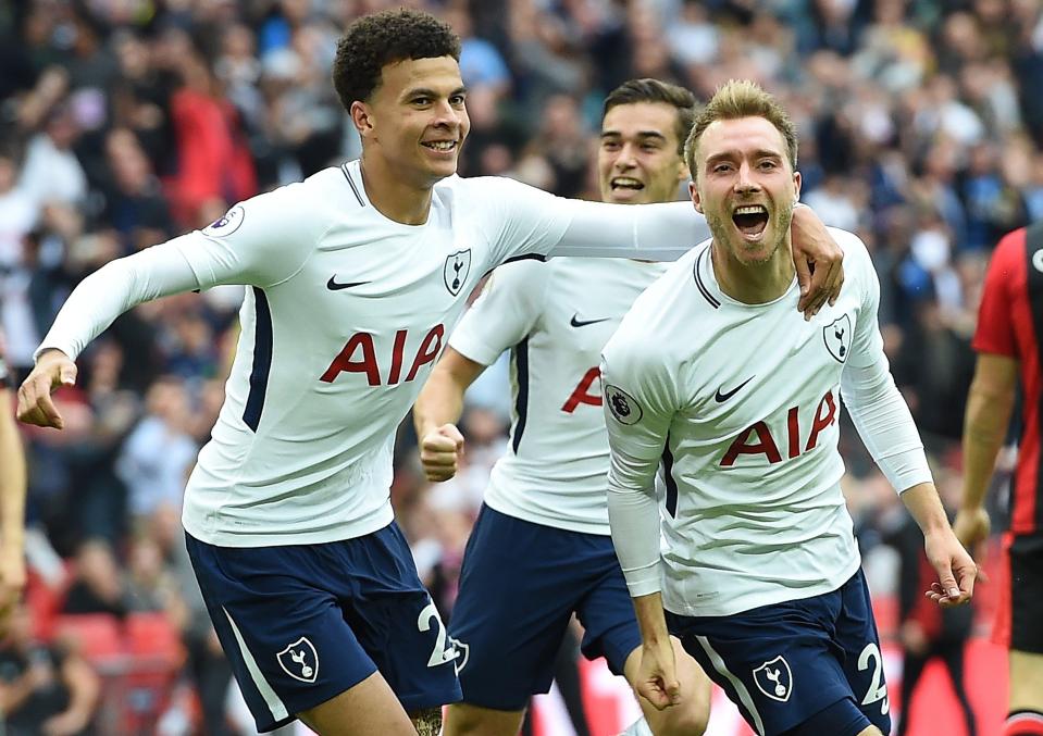  Christian Eriksen celebrates with Dele Alli after scoring against Bournemouth