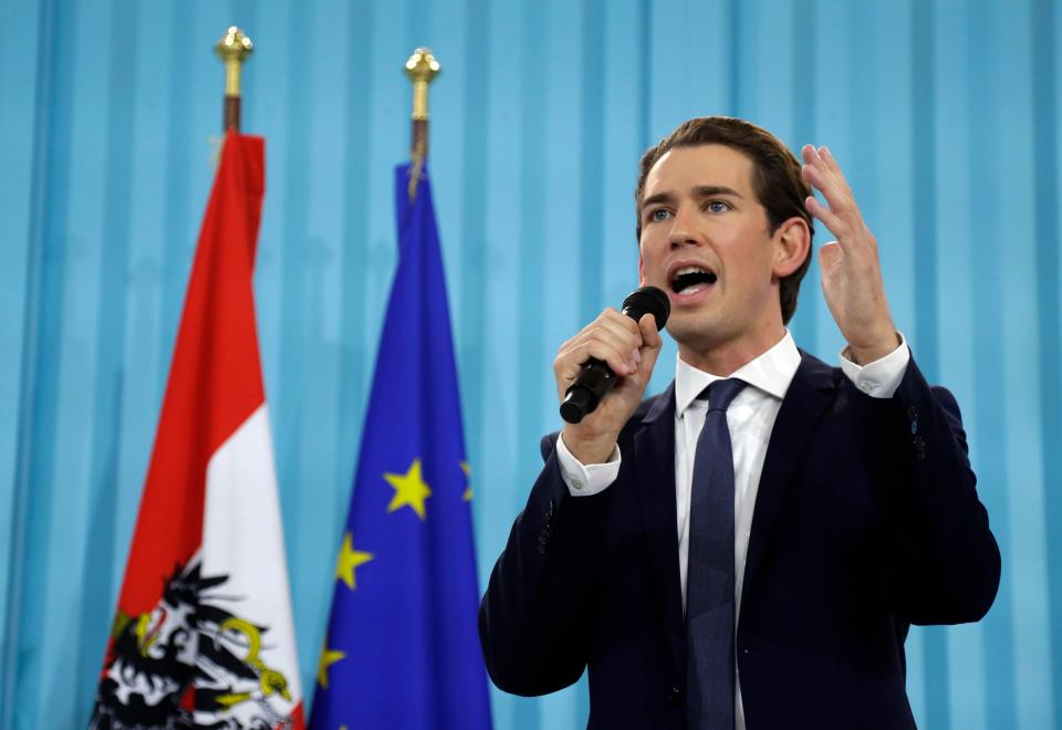  Foreign Minister Sebastian Kurz, head of Austrian People's Party, speaks during the election party in Vienna, Austria after the closing of the polling stations for the Austrian national elections