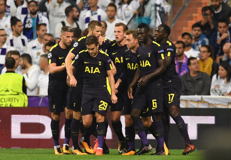  Tottenham players celebrate after taking the lead away at Real Madrid