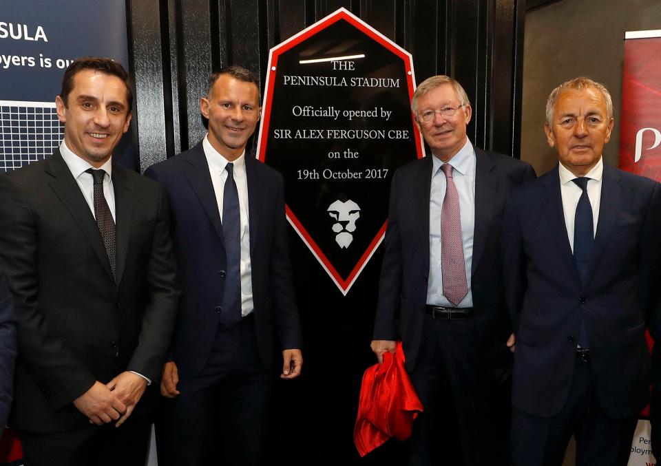  Gary Neville, Ryan Giggs, Sir Alex Ferguson and managing director of Peninsula Business Services Peter Done at the opening of Salford City's new 5,000-seat stadium