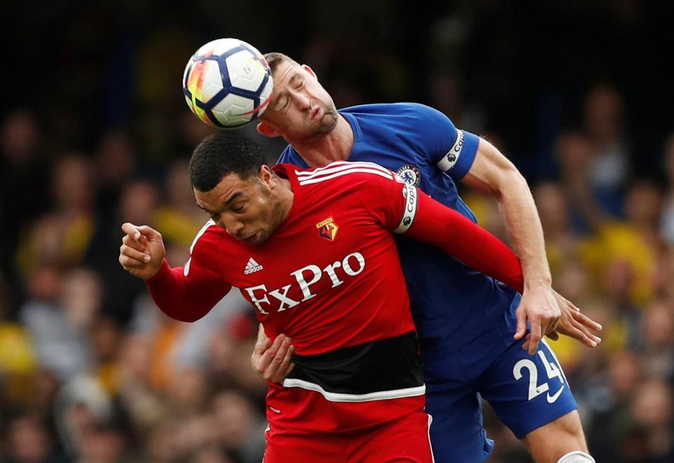  Gary Cahill did his best to mark Troy Deeney