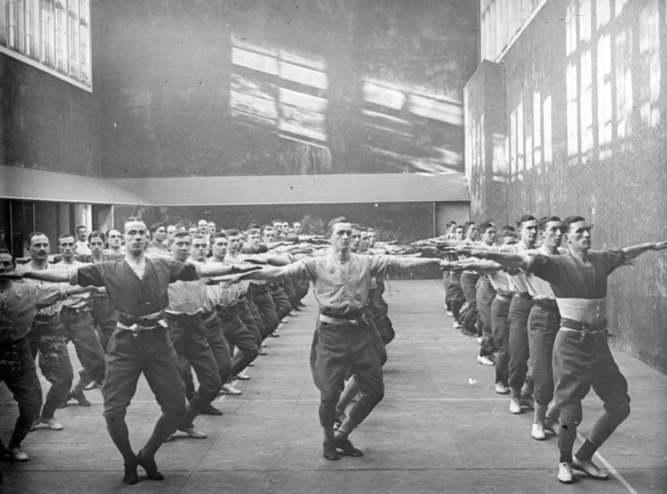  Young men from Cambridge University in a military gym during the First World War