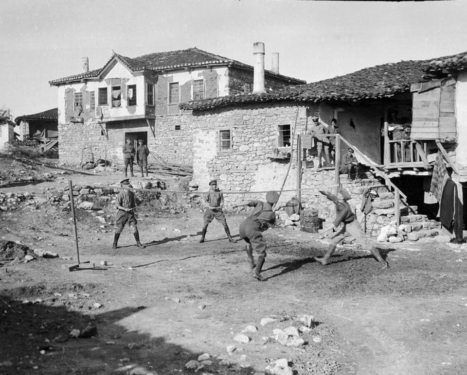  Officers of the 27th Division playing badminton in a village in Salonika, Greece, in 1916