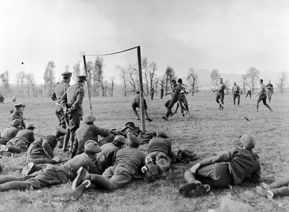  A football match between officers and other ranks being played out in Salonika, Greece, Christmas Day, 1915