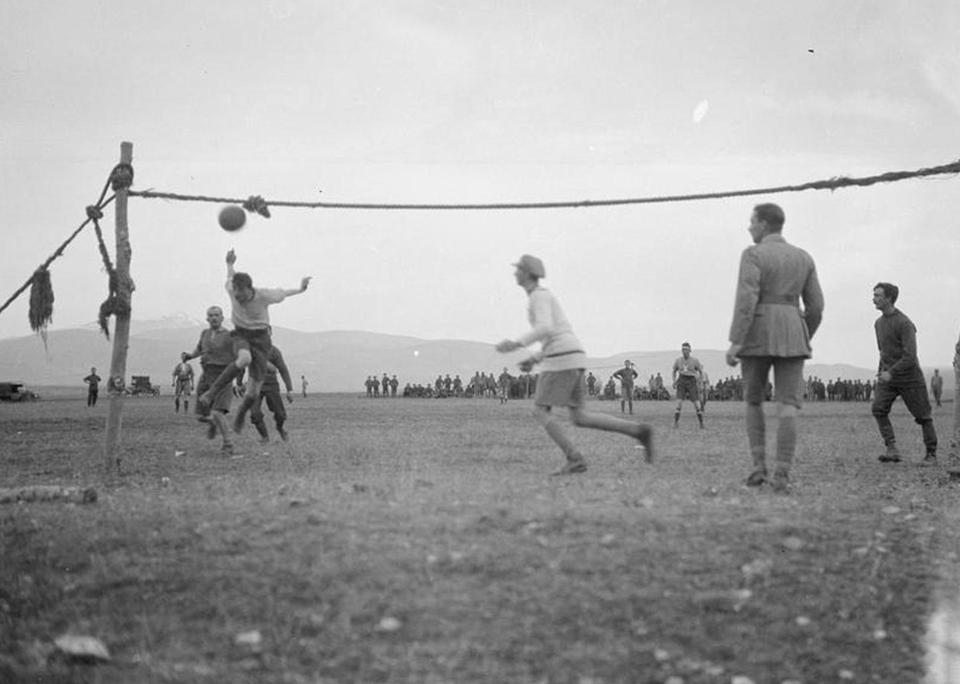  A DIY football net is used for an inter-company football match on the Balkan Front, Christmas Day 1916