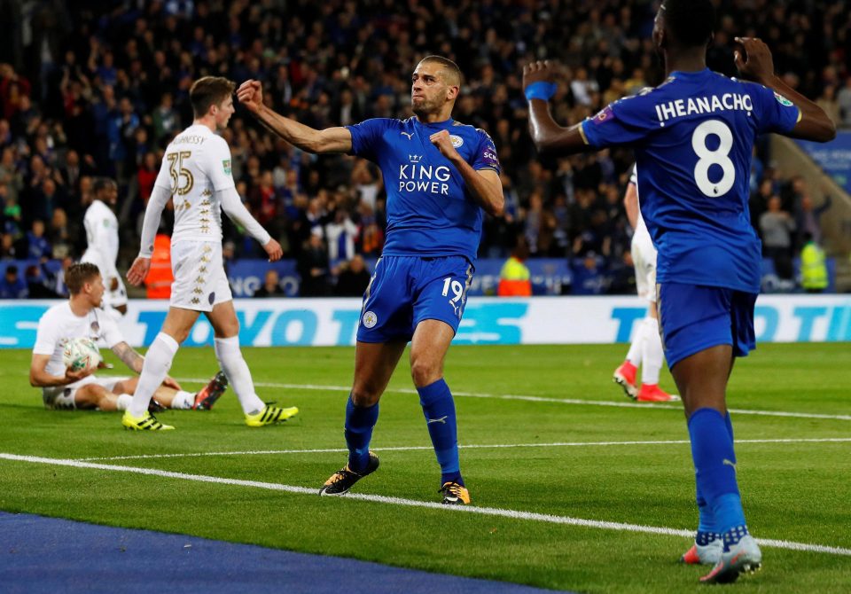 Islam Slimani celebrates bagging the second Leicester goal against Leeds with opening scorer Kelechi Iheanacho in a 3-1 Carabao Cup last-16 victory