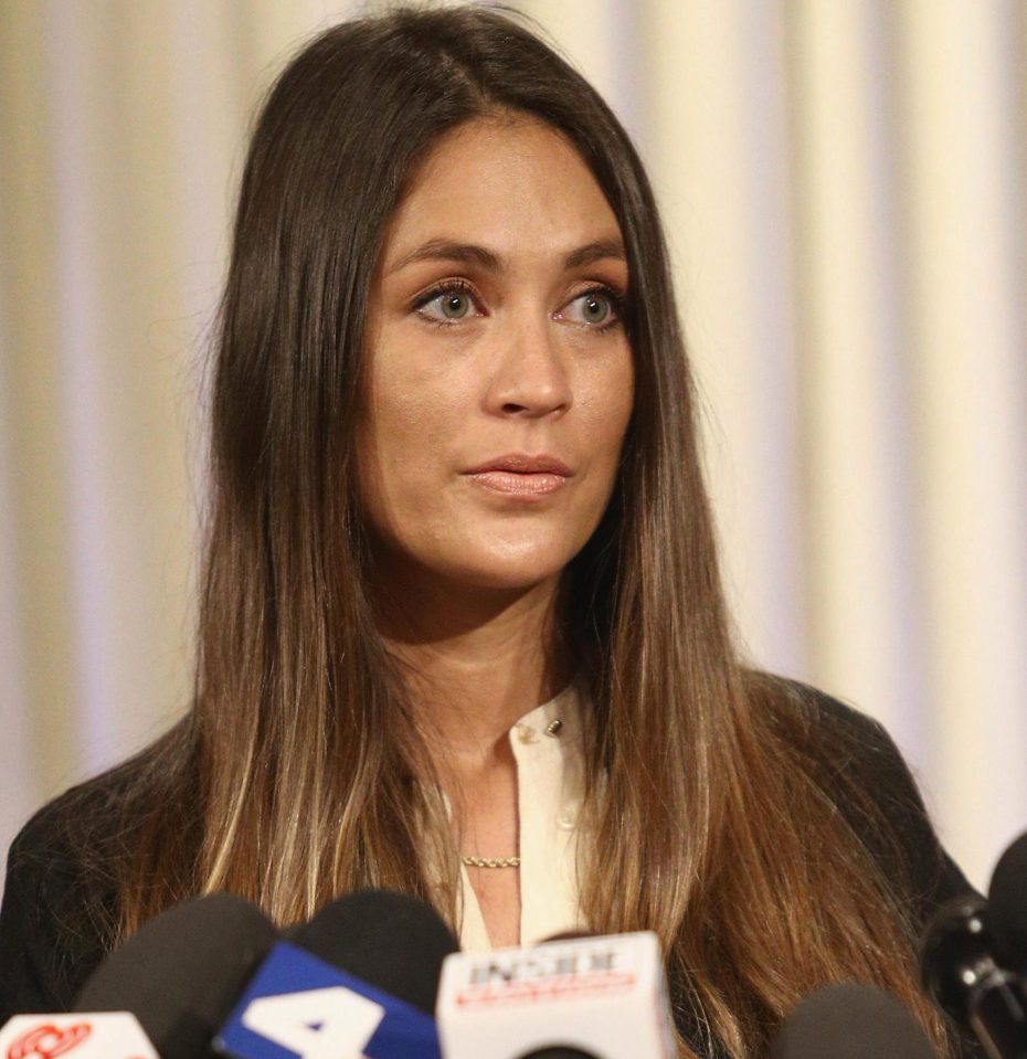 Actress Dominique Huett (pictured) and her attorney Jeff Herman speak during a press conference regarding Huett’s lawsuit against The Weinstein Company