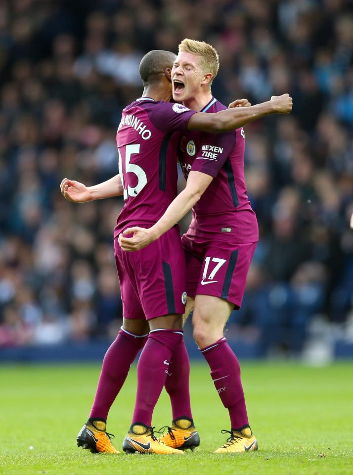  Fernandinho celebrates his goal at West Brom with Kevin De Bruyne