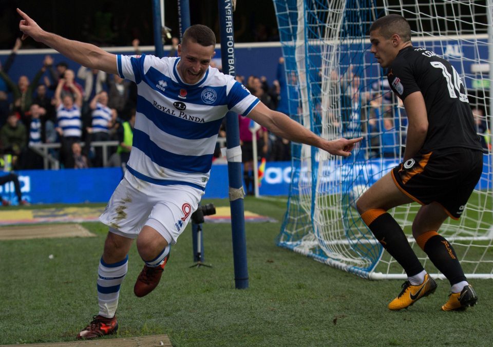  QPR striker Conor Washington wheels away after scoring against Wolves