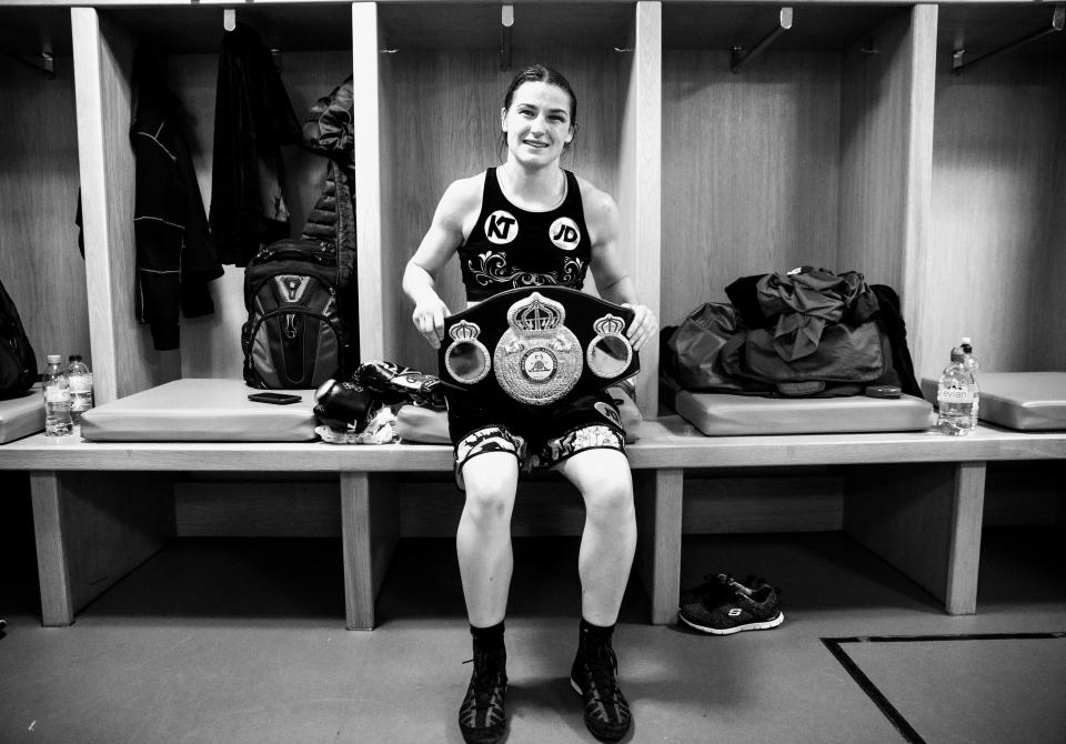  An overjoyed Katie Taylor celebrates in her dressing room