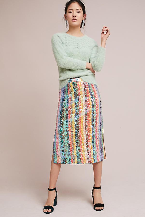  Today, Holly Willoughby is wearing a rainbow striped, sequin skirt from Anthropologie