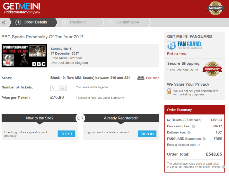  BBC Sports Personality of the Year Awards are still available from the original seller but they're still listed on GetMeIn for inflated prices