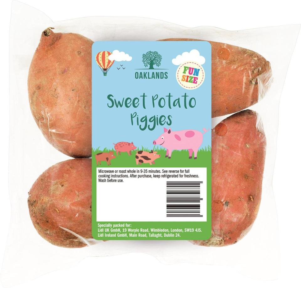  All products in the Oaklands Fun Size range are miniature versions of ordinary fruit and vegetable varieties. These Sweet Potato Piggies are selling for 79p per pack.