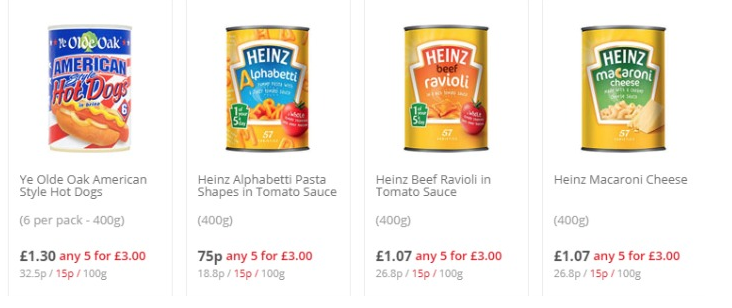  Tesco was offering five tins of Heinz items for just £3, which were not on offer at Asda- an opportunity to get the most of the Asda Price Guarantee.