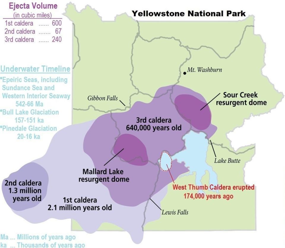  This map shows the 'calderas' of Yellowstone, which are massive chambers which form when magma and lava gush from the Earth