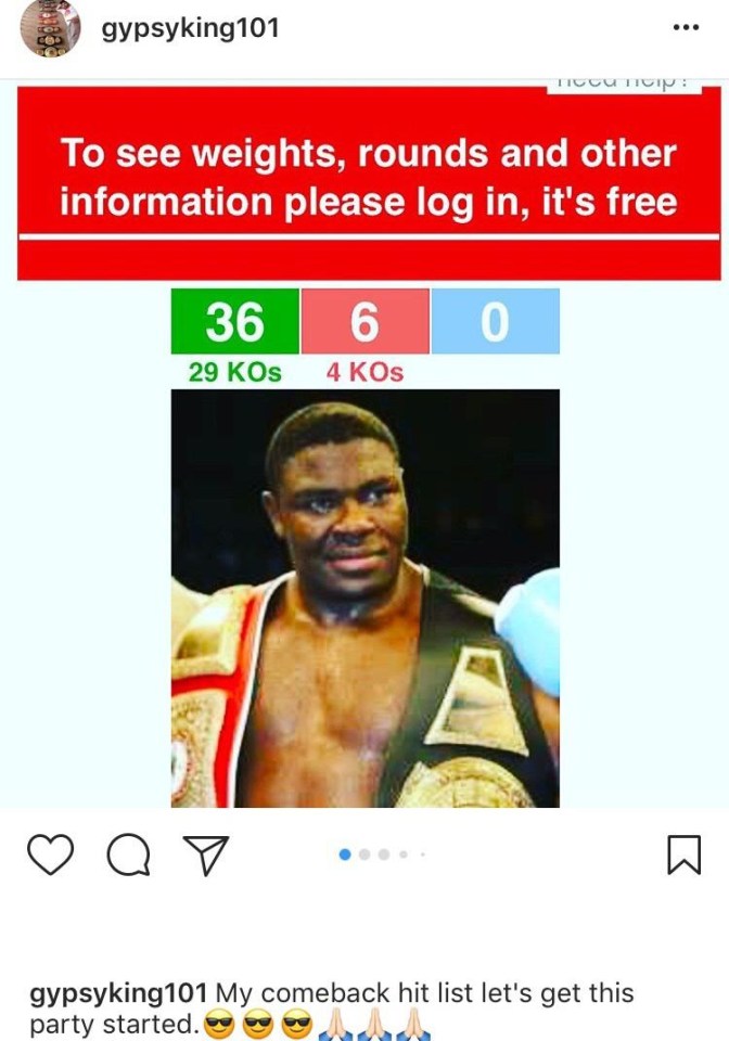 Tyson Fury posted a series of images on his Instagram account that he called a 'hit list' of fighters he wants to face