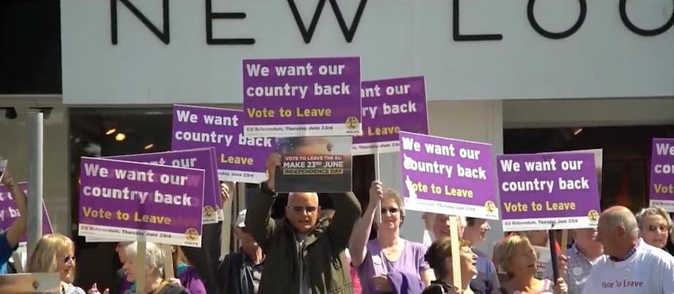  The video borrows a scene from the Brexit referendum featuring Leave voters holding placards