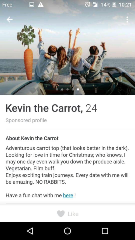  Kevin the Carrot even has his own profile on dating app, Happn