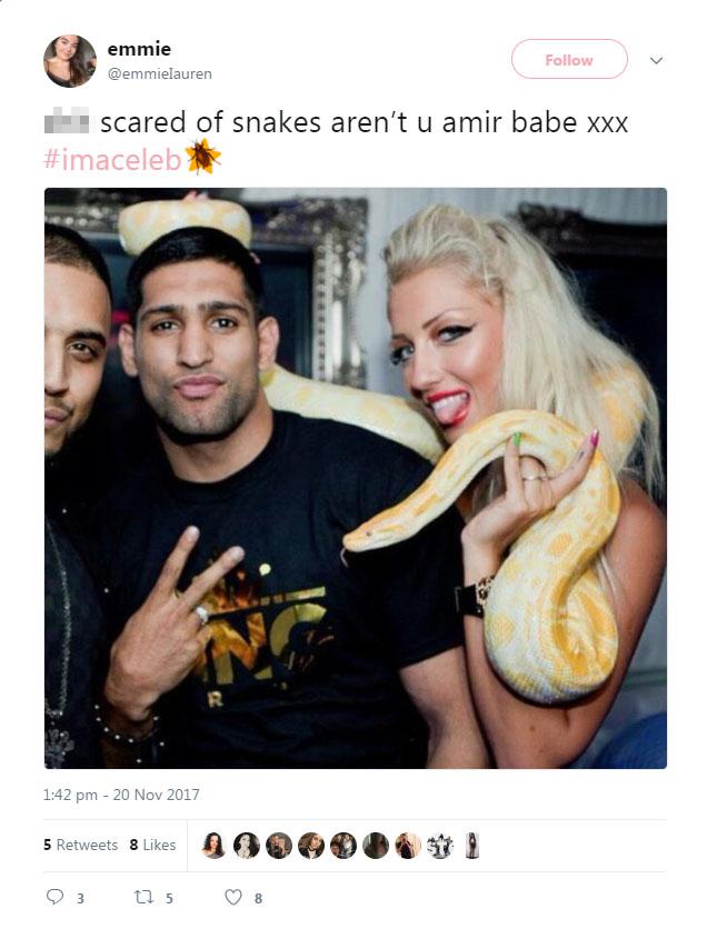 A pictured emerged of Amir posing with a snake after he said he was afraid of them