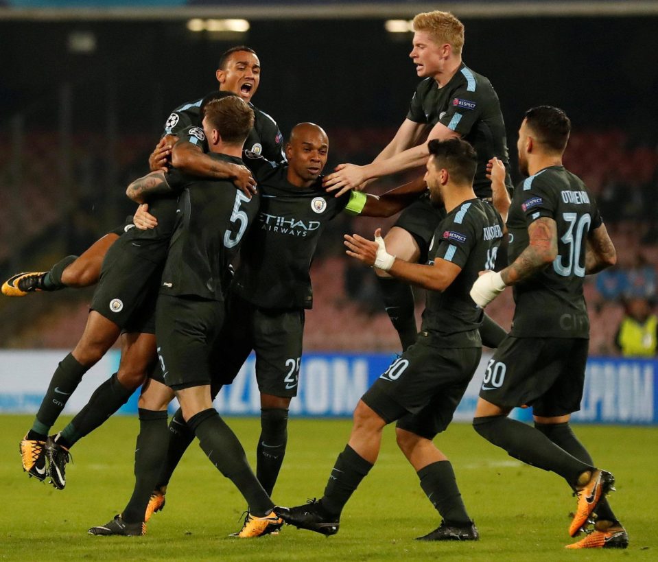  City players celebrate Stones' goal