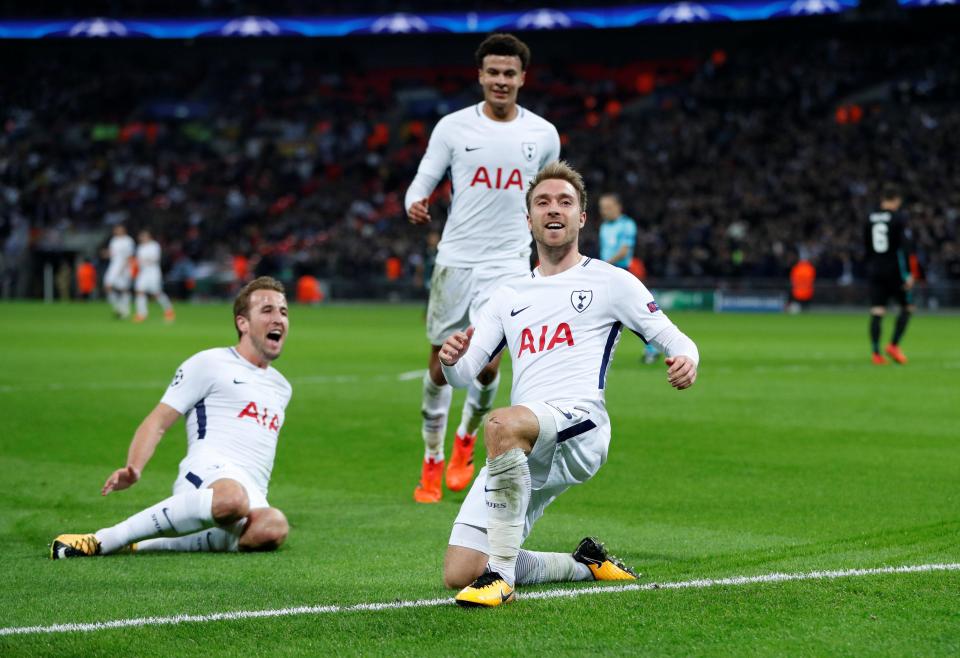 Christian Eriksen celebrates after helping Tottenham produce an historic win over Real Madrid