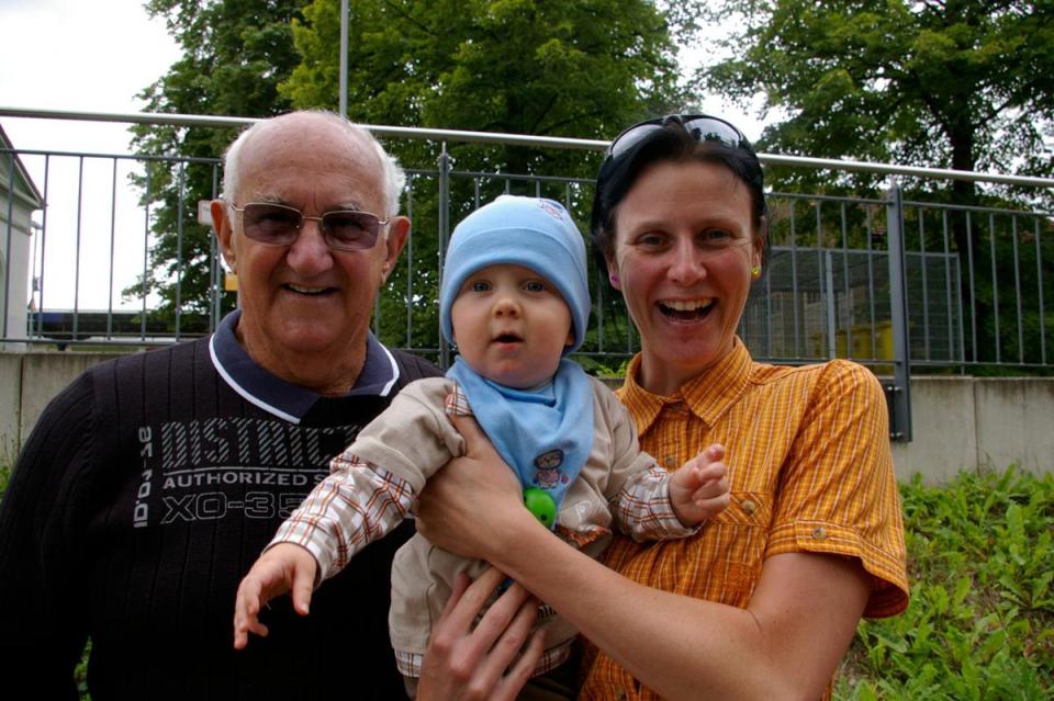  People often mistake Kat’s husband Kevin for her grandfather. Pictured with their son Pierre